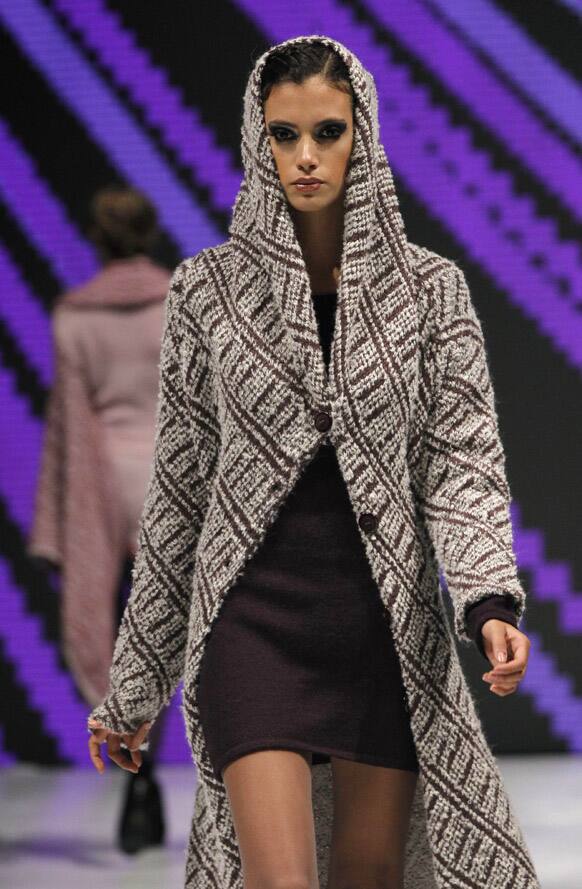 A model wears a creation by Peru's Varignia Garcia during the second edition of Lima Fashion Week in Lima.