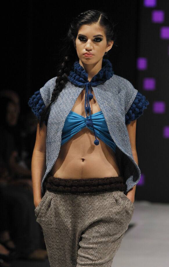 A model wears a creation by Peru's Grethel Gonzales during the second edition of Lima Fashion Week in Lima.