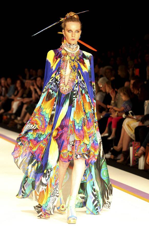 A model wears an outfit from designer Camilla during Fashion Week Australia in Sydney.