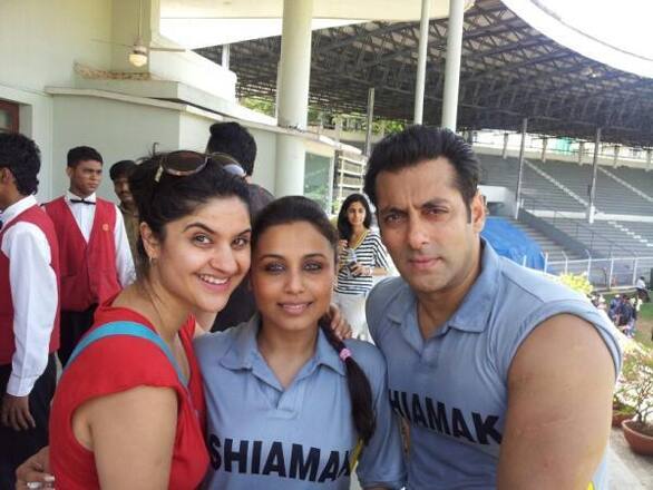 Rani Mukherjee and Salman Khan pose with a friend at charity cricket match. The match was organsied by Aamir Khan's son Junaid. 