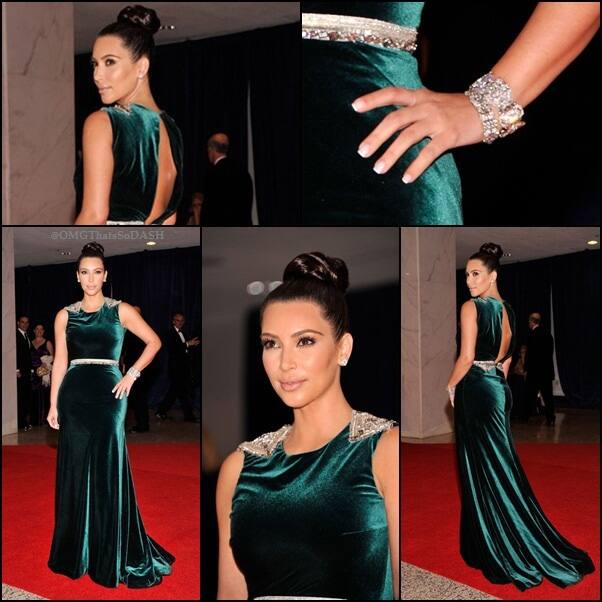 Kim Kardashian was spotted wearing this bottle green velvet dress at White House Correspondents Association Dinner. Image courtesy:OMGThatsSoDASH