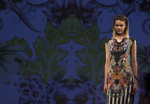 A model wears a creation designed by Sara Phillips during Fashion Week Australia in Sydney.