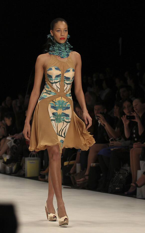 A model displays a creation by Akaya Ichikawa of Japan during Australian Fashion Week in Sydney.