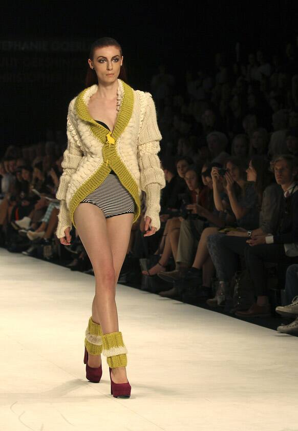 A model struts along the runway wearing a design by Stephanie Goerlach during Australian Fashion Week in Sydney.