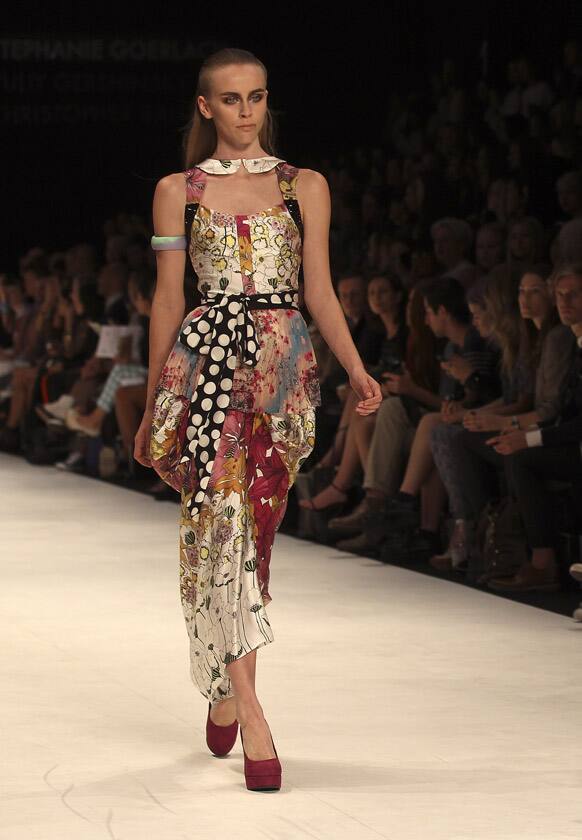 A model struts along the runway wearing a design by Stephanie Goerlach during Australian Fashion Week in Sydney.