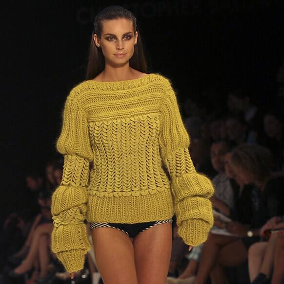 A model struts along the runway wearing a design by Stephanie Goerlach during Australian Fashion Week in Sydney.