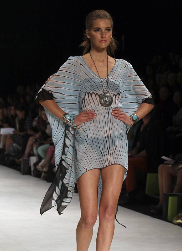 A model presents creations from Susan Rep during Australian Fashion Week in Sydney.