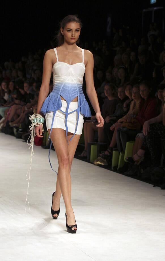 A model presents creations from Uscari during Australian Fashion Week in Sydney.