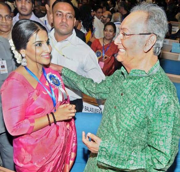 National award winner Vidya Balan chats with veteran actor Soumitra Chatterjee who was awarded the Dada Sahab Phalke Award at National Film Awards in New Delhi.