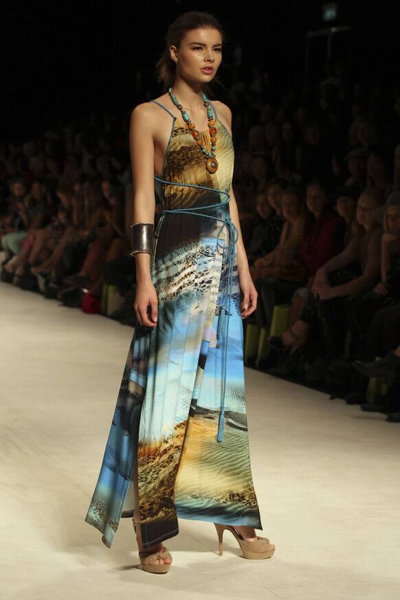 A model presents creations from Susan Rep during Australian Fashion Week in Sydney.