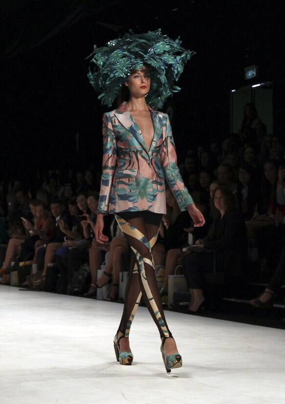 A model displays creations designed by Ayaka Ichikawa of Japan during Australian Fashion Week in Sydney.