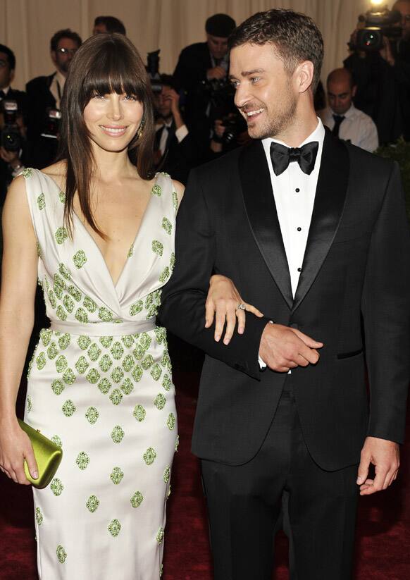 Justin Timberlake and Jessica Biel arrive at the Metropolitan Museum of Art Costume Institute gala benefit, celebrating Elsa Schiaparelli and Miuccia Prada, in New York.