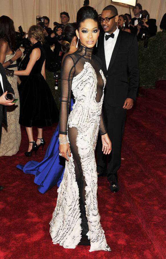 Chanel Iman arrives at the Metropolitan Museum of Art Costume Institute gala benefit, celebrating Elsa Schiaparelli and Miuccia Prada.