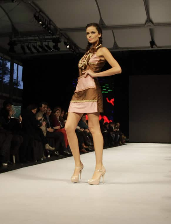 A model wears a creation by Colombia's designer Bertha Henriquez from her collection inspired by Wayuu Indian culture during the event 