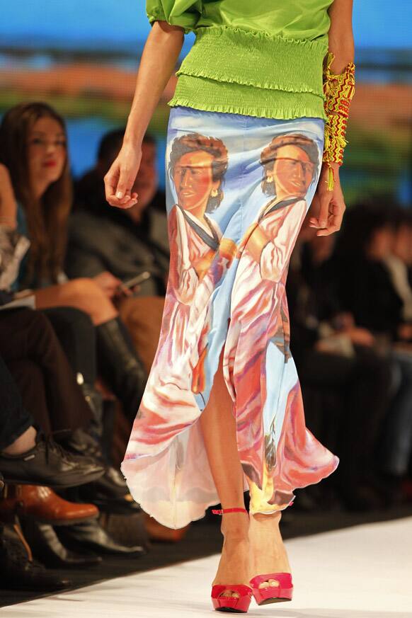 A model wears a design by Colombia's designer Marta Arredondo from her collection inspired by Wayuu Indian culture during the event 