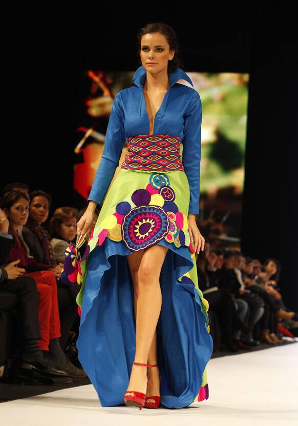 A model wears a design by Colombia's designer Marta Arredondo from her collection inspired by Wayuu Indian culture during the event 