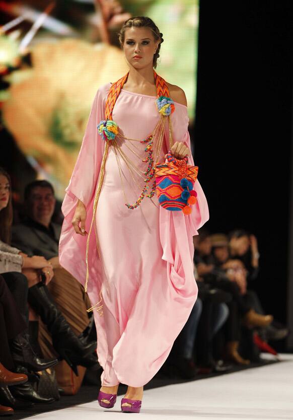 A model wears a design by Colombia's designer Marta Arredondo from her collection inspired by Wayuu Indian culture during the event 