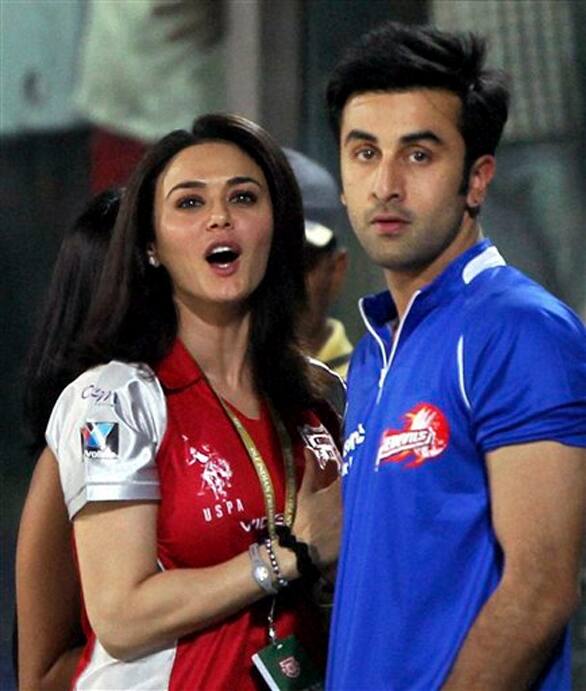 Co-owner of Kings XI Punjab Preity Zinta and Bollywood actor Ranbir Kapoor watch the Indian premier League cricket match between Delhi Daredevils and Kings XI Punjab in New Delhi.