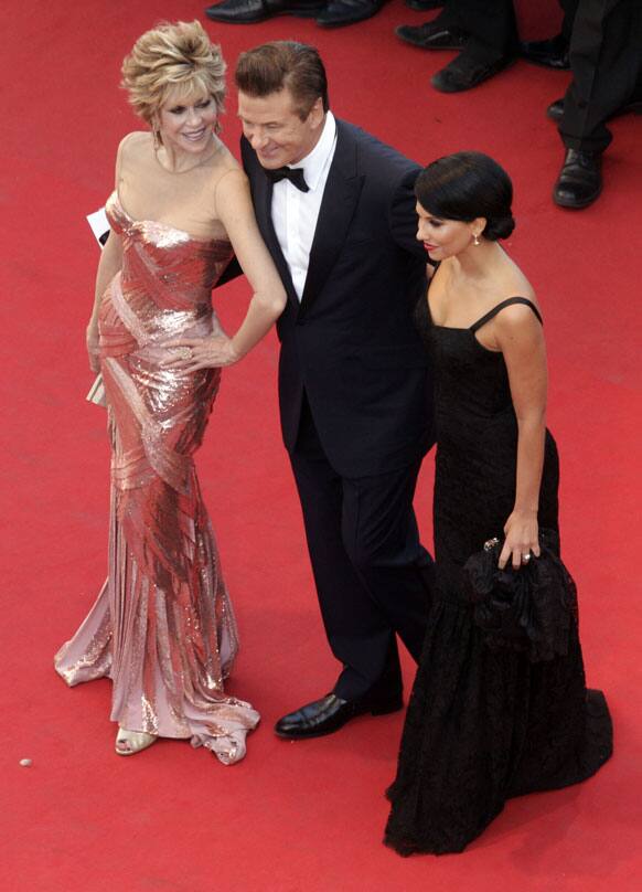 From left, Actors Jane Fonda, Alec Baldwin, center, and Hilaria Thomas pose during the opening ceremony and screening of Moonrise Kingdom at the 65th international film festival, in Cannes.