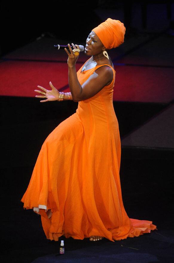 India Arie performs during a celebration for the 80th birthday of former U.N. Ambassador and civil rights activist Andrew Young, in Atlanta.