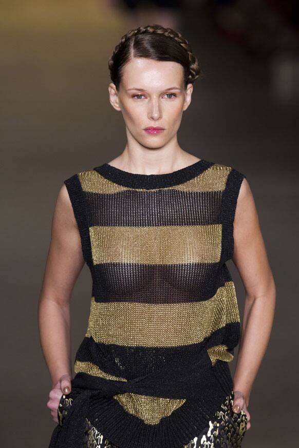 A model wears a creation by Sacada summer collection during Fashion Rio in Rio de Janeiro, Brazil.