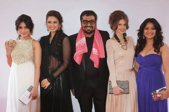 The leading ladies of 'Gangs of Wasseypur' -Reema Sen, Huma Qureshi and Richa Chadda pose with the film's director Anurag Kashyap and his wife Kalki Koechlin at Cannes film festival.