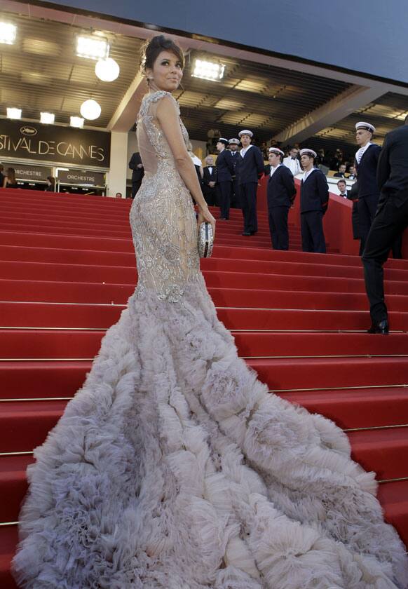 Actress Eva Longoria looking ethereal in a vintage Marchesa gown at the opening ceremony and screening of Moonrise Kingdom at the 65th international film festival, in Cannes.