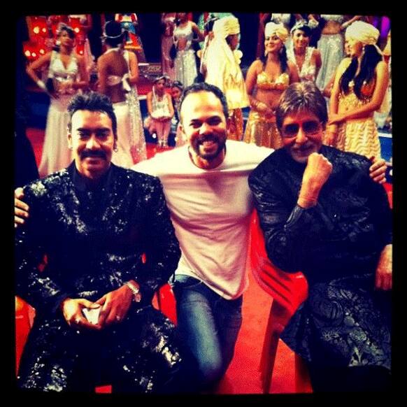 Ajay Devgn, Rohit Shetty and Amitabh Bachchan on the sets of 'Bol Bachchan'. Big B is all set to reprise his 'Anthony Gonsalves' act in the film which also stars his son Abhishek.