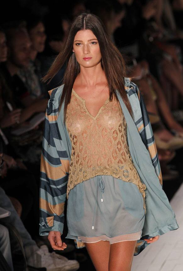 A model wears a creation by Totem summer collection during Fashion Rio in Rio de Janeiro, Brazil.