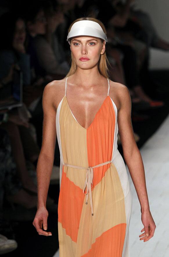 A model wears a creation by Totem summer collection during Fashion Rio in Rio de Janeiro, Brazil.