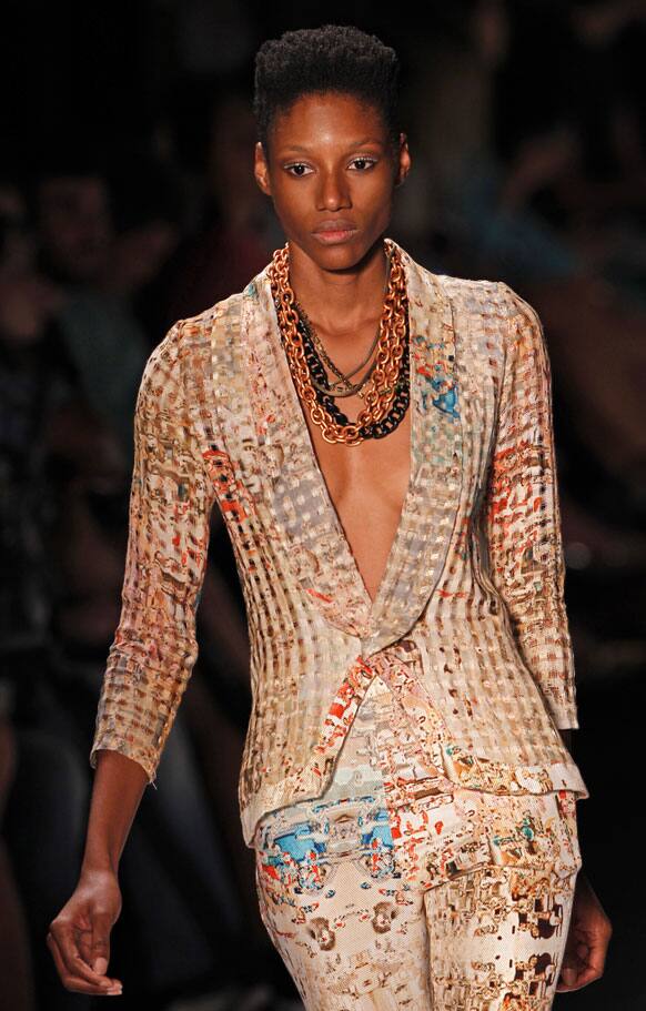 A model wears a creation by Filhas de Gaia summer collection during Fashion Rio in Rio de Janeiro, Brazil.