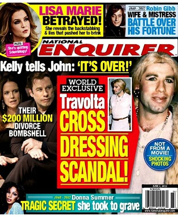 Hollywood actor John Travolta's cross dressing pic exposed by The National Enquirer.