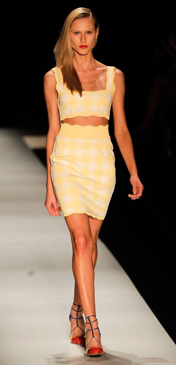 A model wears a creation by Coven summer collection at Fashion Rio in Rio de Janeiro, Brazil.