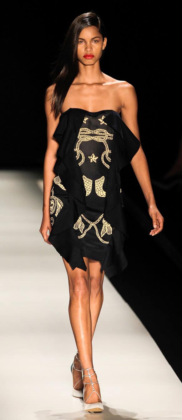 A model wears a creation by Coven summer collection at Fashion Rio in Rio de Janeiro, Brazil.