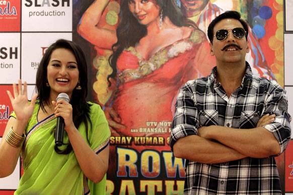 Akshay Kumar and Sonakshi Sinha greet the media during a press conference to promote their upcoming movie 