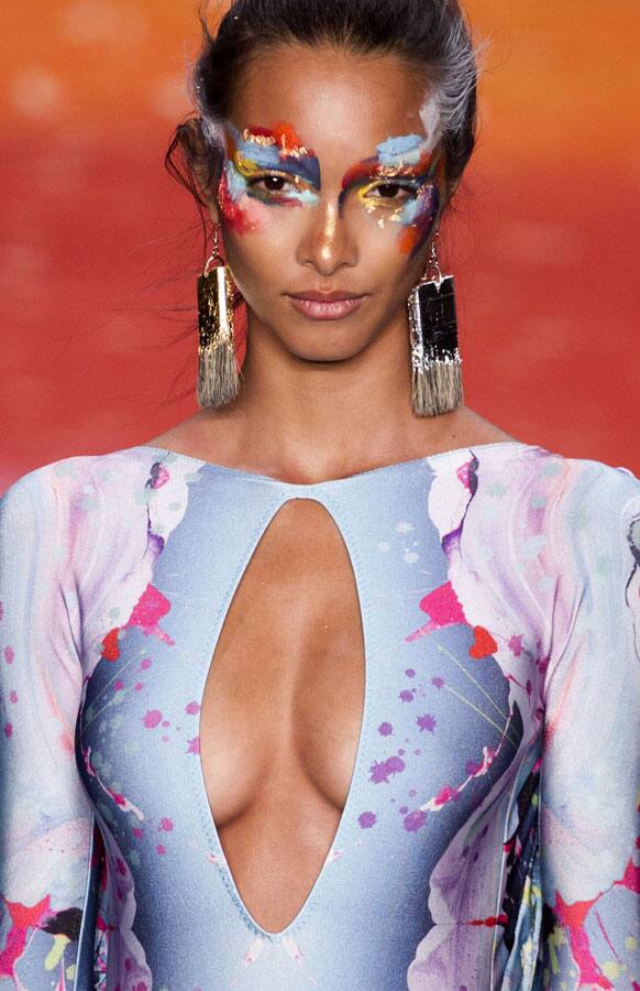 A model wears a creation by Triya summer collection during Fashion Rio in Rio de Janeiro, Brazil.