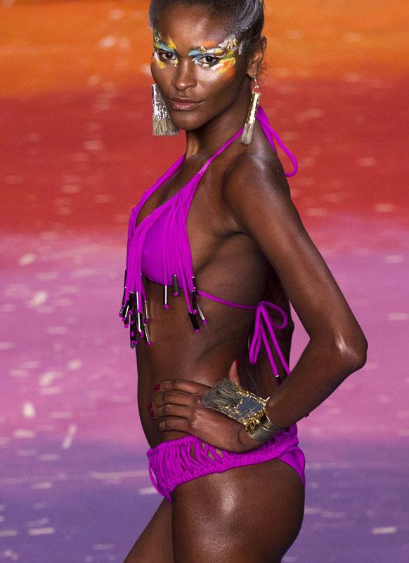 A model wears a creation by Triya summer collection during Fashion Rio in Rio de Janeiro, Brazil.