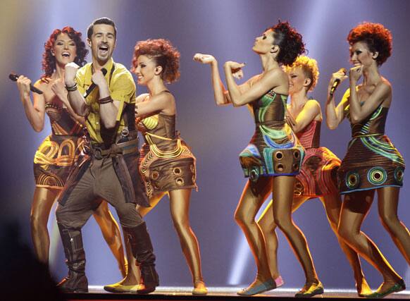 Pasha Parfeny, front left, of Moldova performs during the final show of the 2012 Eurovision Song Contest at the Baku Crystal Hall.