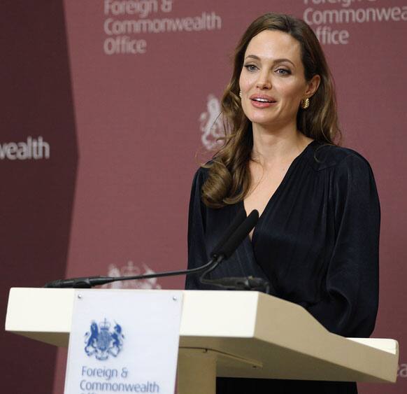 Actress Angelina Jolie speaks ahead of a screening of her new film 'In the Land of Blood and Honey' at the Foreign Commonwealth Office (FCO) in London.