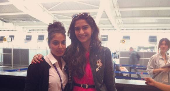 Sonam Kapoor spotted with fans at Heathrow airport on her way back from Cannes.