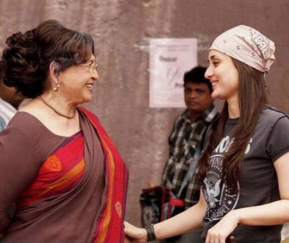 Kareena Kapoor sharing a laugh with Helen on the sets of 'Heroine'.