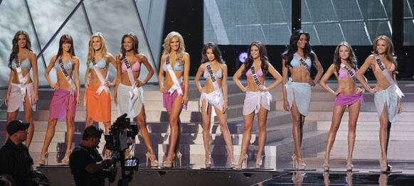 The ten Miss USA finalists pose on stage during the 2012 Miss USA pageant.