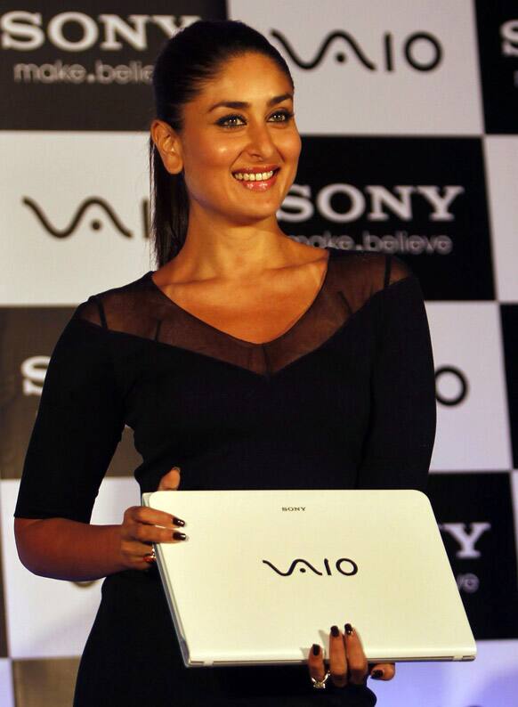 Kareena Kapoor poses for the media during the launch of a new range of Sony Vaio laptops in Mumbai.