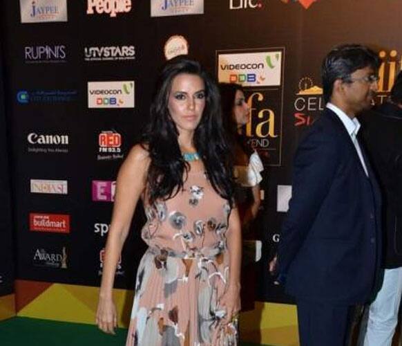 Neha Dhupia looks chic in her flowy gown and perfect make-up on IIFA 2012 green carpet.