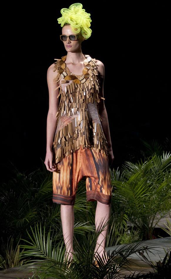 A model wears a creation from Ronaldo Fraga summer collection during the Sao Paulo Fashion Week.