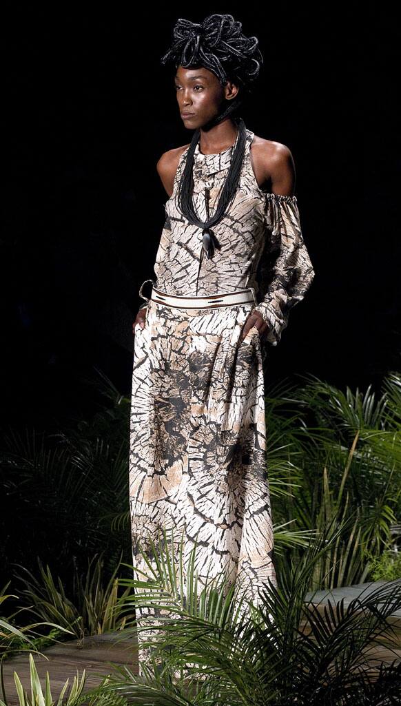 A model wears a creation from Ronaldo Fraga summer collection during the Sao Paulo Fashion Week.