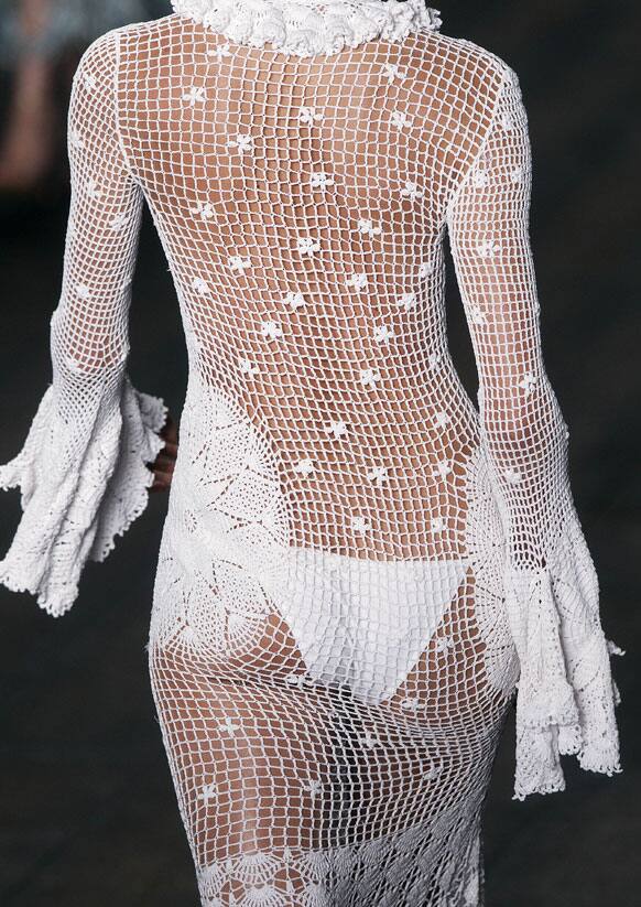 A model wears a creation from Adriana Degreas summer collection during the Sao Paulo Fashion Week.