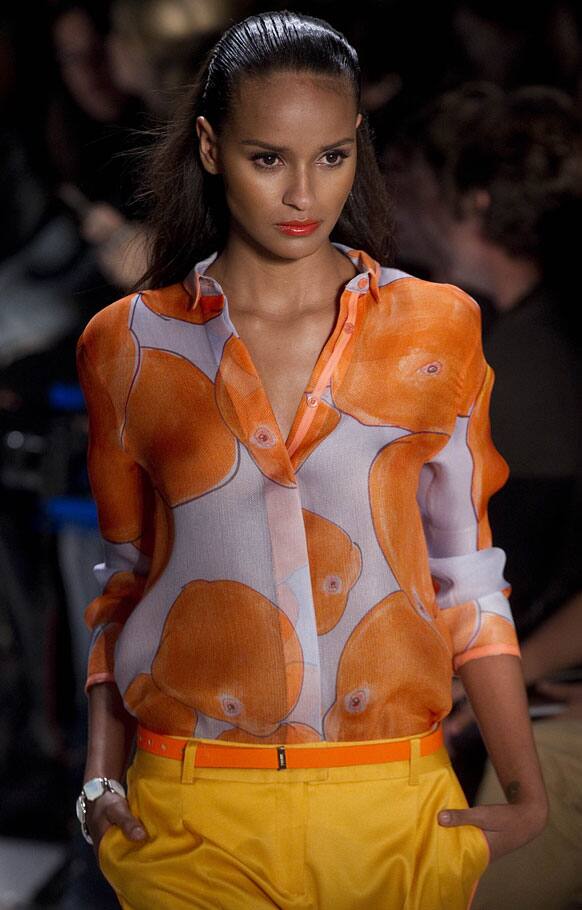 A model wears a creation from Forum summer collection during the Sao Paulo Fashion Week.