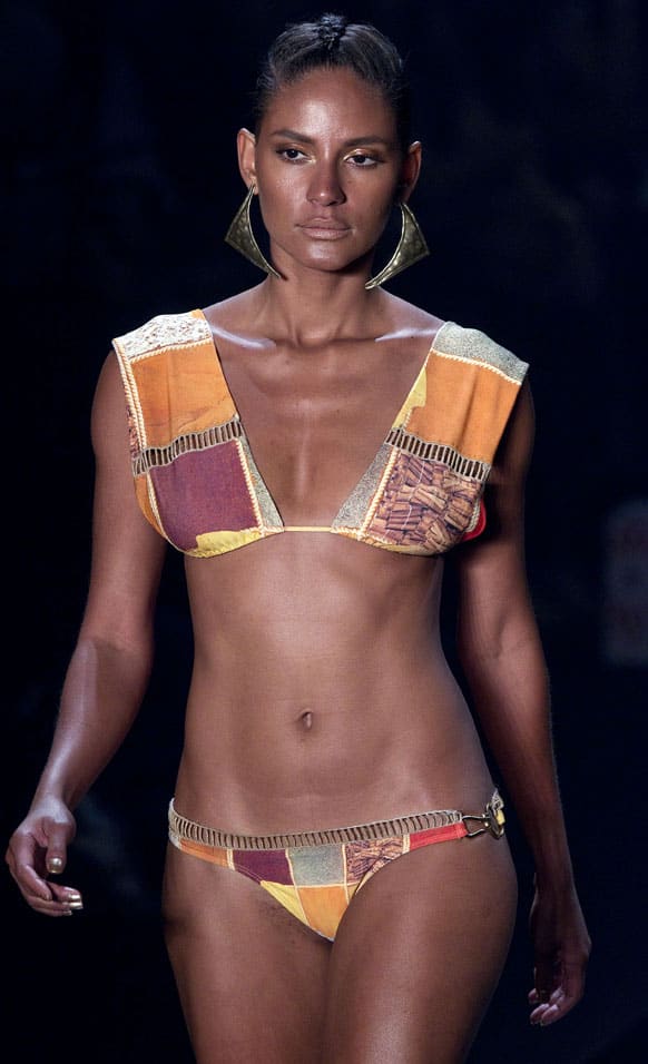 A model wears a creation from Agua de Coco summer collection during the Sao Paulo Fashion Week.