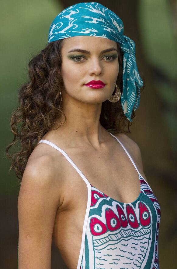 A model wears a creation from Neon summer collection at the Ibirapuera Park during the Sao Paulo Fashion Week in Sao Paulo.